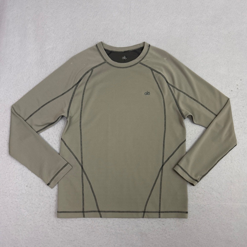 Alo Yoga Balance Long Sleeve Yoga Tee Mens Medium Gray Green Bamboo CoolFit